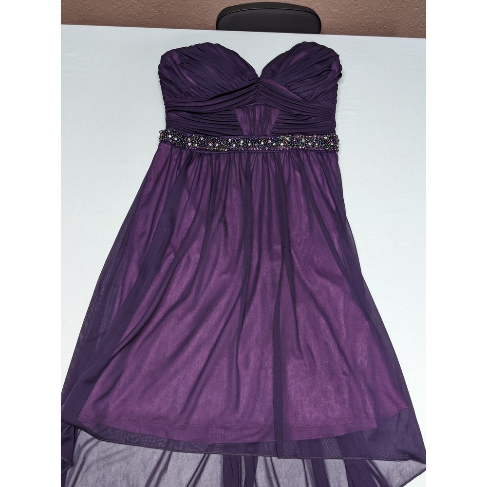 City Studio Womens Plum Purple Beaded High-Low Strapless Formal Dress Size 7